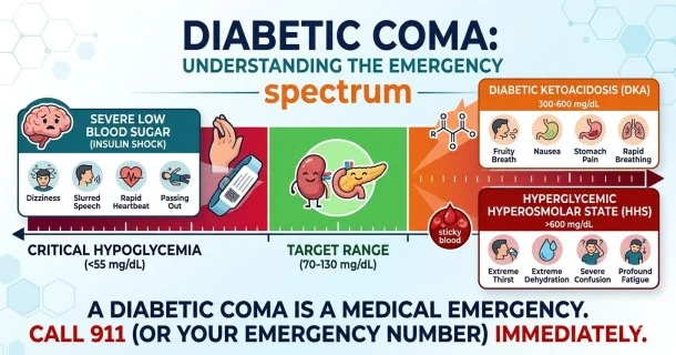 A • medical infographic chart comparing the three primary triggers of a diabetic coma: Severe Hypoglycemia (blood sugar under 55 mg/dL), Diabetic Ketoacidosis (DKA with rising ketones), and Hyperglycemic Hyperosmolar State (HHS with extreme blood sugar over 600 mg/dL).