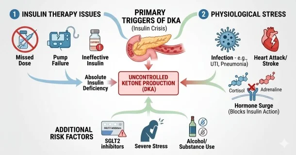 • Medical infographic banner summarizing primary triggers of diabetic ketoacidosis (DKA), categorizing them into hormonal stress from illness, insulin therapy deficiencies, and medication or lifestyle factors.
