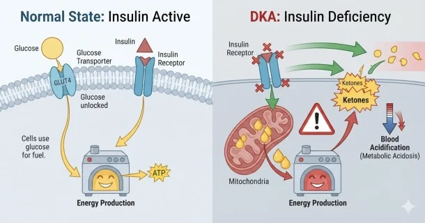• Medical diagram illustrating the biological mechanism of diabetic ketoacidosis (DKA), showing insulin deficiency leading to fat breakdown and the accumulation of acidic ketone bodies in the bloodstream.