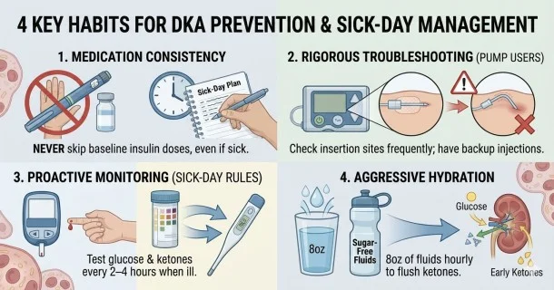 • Medical infographic detailing diabetes sick-day rules for DKA prevention, demonstrating tracking timelines, proactive hydration, and insulin pump insertion site verification.