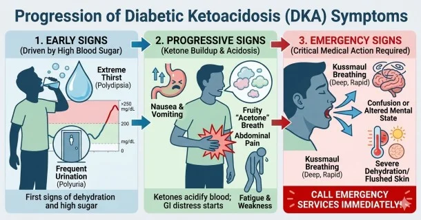 • A structured timeline medical diagram showing the progression of DKA symptoms, transitioning from early indicators like high blood sugar and extreme thirst to progressive stages with vomiting, and ending at emergency indicators like Kussmaul breathing.