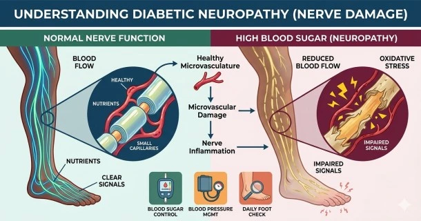 A high-quality clinical medical graphic showing a split comparative diagram of a healthy kidney glomerulus filtering unit next to one damaged by high blood sugar, detailing mesangial expansion, basement membrane thickening, and protein leaking through the filtration barrier.