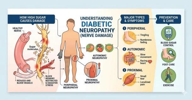 • A high-quality medical infographic layout showing a detailed cross-section diagram of a human foot mapping peripheral neuropathy pathways alongside a magnified view of healthy versus high-glucose damaged blood vessels supplying nerve fibers.