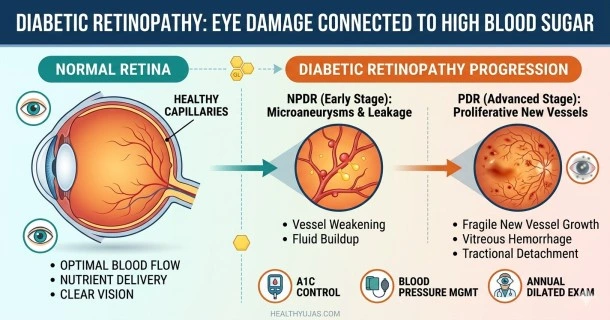 A high-quality clinical medical graphic showing a split comparative diagram of a healthy human retina next to one damaged by high blood sugar, detailing microaneurysms, cotton wool spots, hard exudates, and leaking abnormal blood vessels.