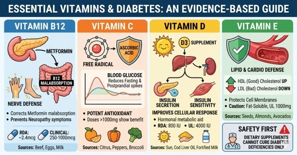 • A multi-panel medical infographic detailing the clinical indications for Vitamins B12, C, D3, and E in diabetes management, highlighting nerve support, antioxidant defense, and insulin sensitivity parameters.