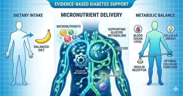 An illustrative medical infographic displaying whole foods rich in magnesium, chromium, and zinc alongside scientific vitamin symbols for evidence-based diabetes nutrition.