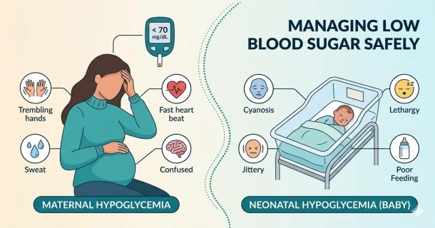 Comparative infographic showing maternal hypoglycemia symptoms like sweating and heart palpitations on the left, and neonatal low blood sugar signs like lethargy and jitteriness on the right.