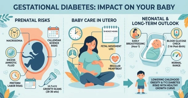 An educational infographic detailing gestational diabetes impacts on the baby, showing prenatal risks, in-utero tracking guides like kick counts, and immediate postpartum neonatal care protocols.
