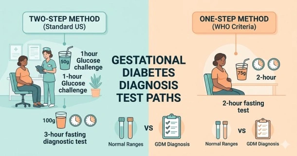 Medical infographic concept illustrating the glucose tolerance test with clinical symbols for blood draws and checklist intervals for a prenatal exam.