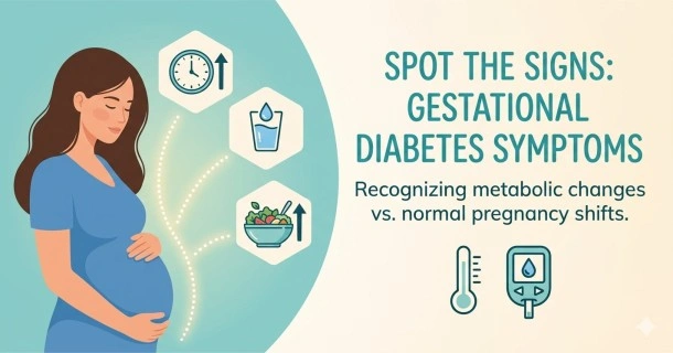 Infographic outlining the classic triad of gestational diabetes symptoms—frequent thirst, increased urination, and fatigue—next to a silhouette of an expectant mother.