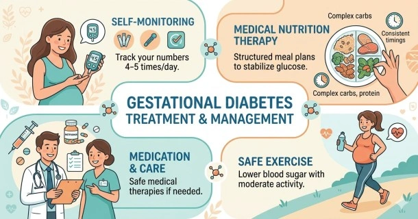 Comprehensive infographic mapping the four keystones of gestational diabetes treatment—blood glucose self-monitoring, medical nutrition therapy, medication care, and safe prenatal exercise.