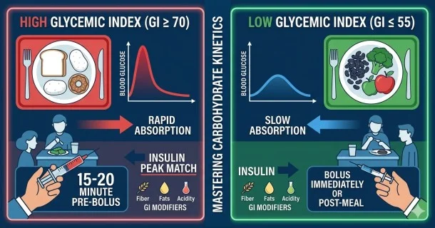 A comparative medical chart for Type 1 Diabetes showcasing a steep high-GI curve paired with early pre-bolus instructions versus a flat low-GI curve with post-meal bolus instructions.