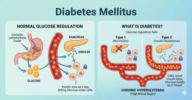 An educational medical timeline infographic mapping the historical discoveries of diabetes from ancient sweet urine ant tests to the extraction of insulin and classification of the condition.