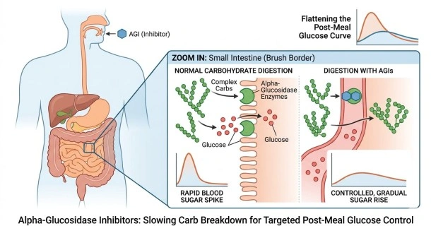 Medical infographic diagram showing how alpha-glucosidase inhibitors delay carbohydrate digestion in the small intestine to flatten post-meal blood sugar spikes.