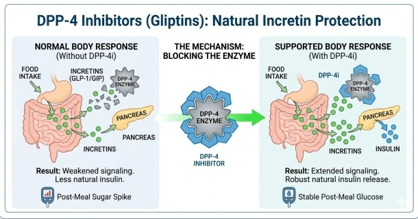 Medical infographic diagram explaining how DPP-4 inhibitors protect incretin hormones to stimulate insulin release and reduce liver glucose production.