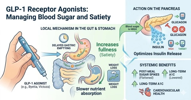 Medical infographic diagram demonstrating the four-pronged mechanism of GLP-1 receptor agonists: delaying gastric emptying, stimulating glucose-dependent insulin, suppressing glucagon, and regulating appetite for weight loss.