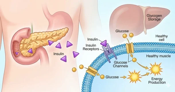 A clear medical infographic diagram illustrating the pancreas secreting insulin, insulin binding to cellular receptors to open glucose channels, and excess glucose moving to the liver for glycogen storage.