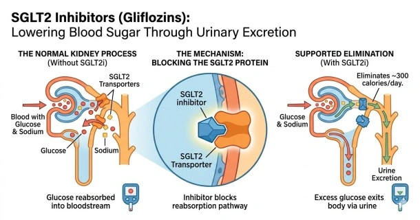 Medical infographic diagram explaining how SGLT2 inhibitors block glucose reabsorption in the kidneys to eliminate excess blood sugar through urine excretion.