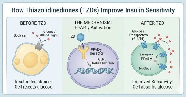 Medical infographic diagram showing how Thiazolidinediones (TZDs) reverse insulin resistance by activating PPAR-gamma receptors to increase glucose uptake in cells.