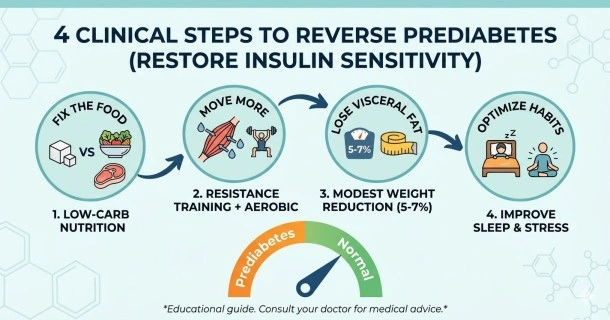 Medical infographic layout detailing actionable steps to reverse prediabetes, highlighting carbohydrate quality control, a 5-7% weight reduction target, and a comprehensive weekly routine combining resistance training with aerobic exercise.