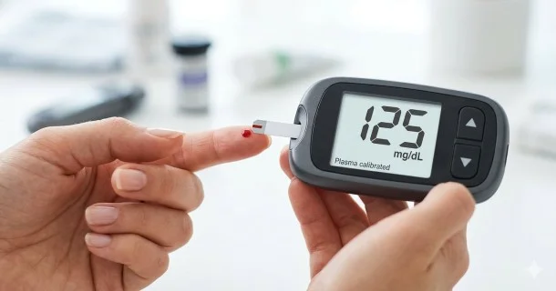A close-up shot of a patient properly using a portable blood glucose meter, applying a drop of blood onto a non-coded test strip alongside an automatic lancing device and smartphone tracking app.