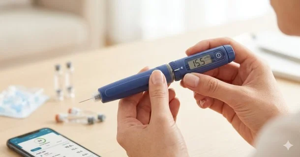 A close-up view of a patient adjusting a reusable insulin pen, demonstrating the dial mechanism used to select precise medication dosing before injection.