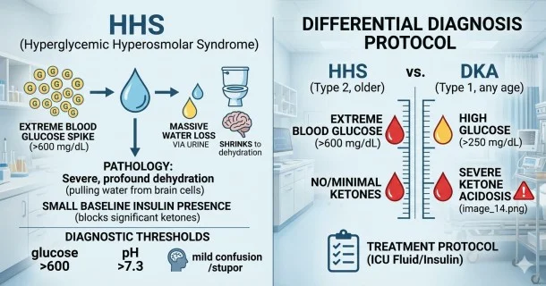 • Medical infographic infographic explaining the mechanics of Hyperglycemic Hyperosmolar Syndrome (HHS), illustrating extreme blood sugar elevations above 600 mg/dL, systemic dehydration, and a quick-reference clinical comparison chart against diabetic ketoacidosis (DKA).
