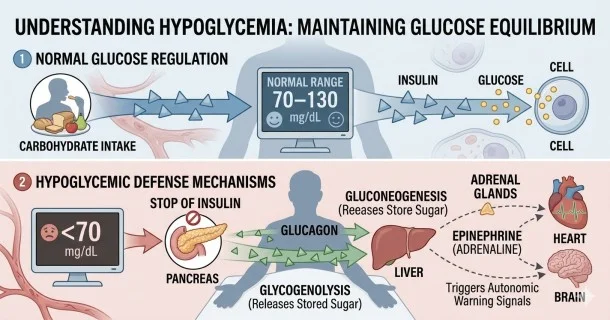 • Medical infographic diagram demonstrating the physiological counter-regulation of hypoglycemia, showing how a blood sugar drop below 70 mg/dL prompts glucagon and adrenaline release to prevent cell starvation.