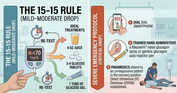 • Medical step-by-step infographic showing the 15-15 rule for treating low blood sugar, featuring 15-gram fast-acting carbohydrate options (juice, soda, glucose tablets) and the 15-minute re-testing timeline.