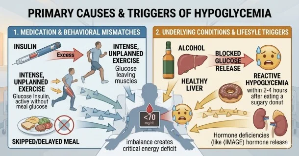 Medical infographic diagram outlining the primary causes and triggers of hypoglycemia, classified by diabetes medication excess, lifestyle habits like drinking on an empty stomach, and chronic organ issues.