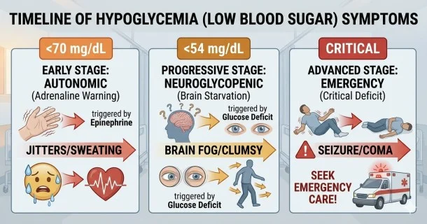 • A structured medical timeline infographic tracking hypoglycemia symptoms, starting at autonomic signs (shakiness, cold sweating), moving to neuroglycopenic brain changes (confusion, double vision), and warning of critical emergencies like seizures.