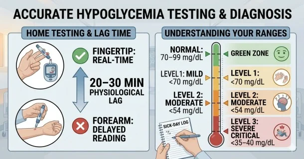 • A medical comparison graphic demonstrating accurate home blood sugar test sites (fingertip vs alternate site lag time) alongside an annotated level-by-level evaluation scale for hypoglycemia.