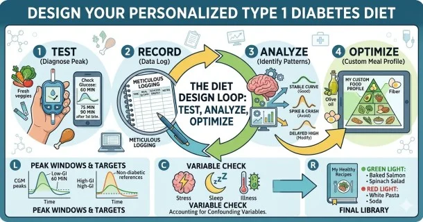 A comprehensive educational medical infographic mapping out the "Test, Analyze, Optimize" trial loops alongside a blood sugar testing clock and circadian confounding factors like stress and sleep.