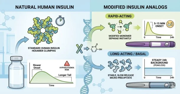 A professional 610x320px clinical diagram comparing rapid, short, intermediate, and long-acting insulin analog activity curves over a 24-hour window.