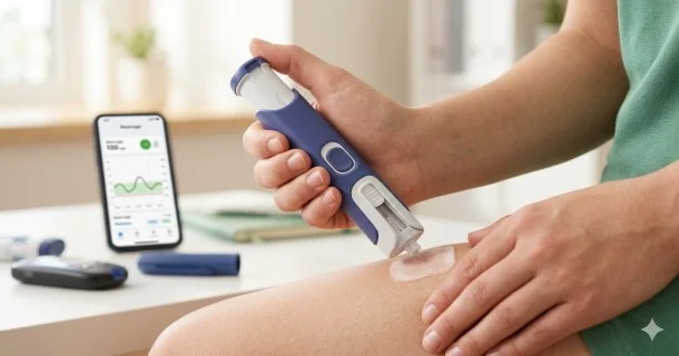 A side-by-side visual demonstration of an insulin auto-injector device showing its closed, ergonomic outer shell that completely covers the needle before a subcutaneous administration.