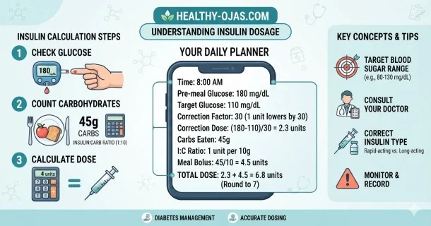 medical infographic explaining insulin dose calculation steps including Total Daily Dose (TDD), Basal/Bolus split, and the 500 Rule for carb ratios.