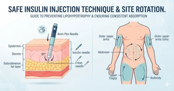 An illustrative medical infographic showing proper subcutaneous insulin injection zones—including the abdomen, upper arms, and thighs—with visual indicators demonstrating systematic site rotation to prevent skin lumps.
