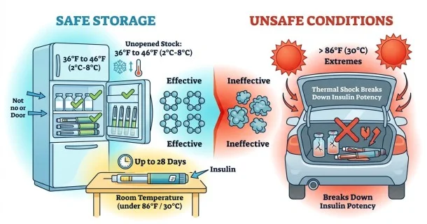 A high-quality 610x320px medical vector infographic comparing safe storage locations for unopened stock inside a refrigerator versus active in-use insulin pens at normal room temperature.