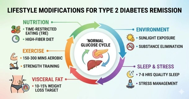A medical infographic illustrating lifestyle modifications for type 2 diabetes remission, showcasing a 16/8 intermittent fasting eating window and a high-fiber plate on the left, circadian sleep and sun exposure tracking in the center, and a balanced aerobic and progressive resistance training framework on the right.