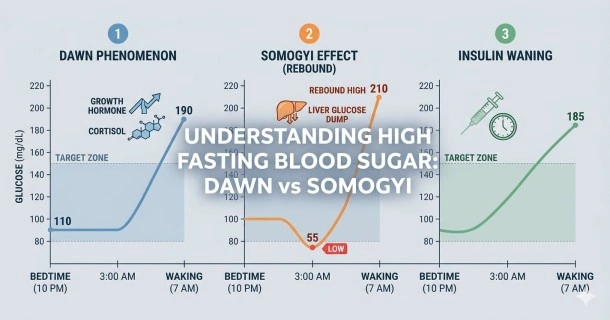 A comprehensive medical timeline chart comparing overnight blood sugar curves to illustrate the distinct differences between the Dawn Phenomenon, Somogyi Effect, and insulin waning triggers.