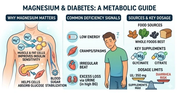 An illustrative medical infographic displaying dietary intake of magnesium, cellular mechanisms of insulin receptor activation, and a balance scale showing metabolic control.