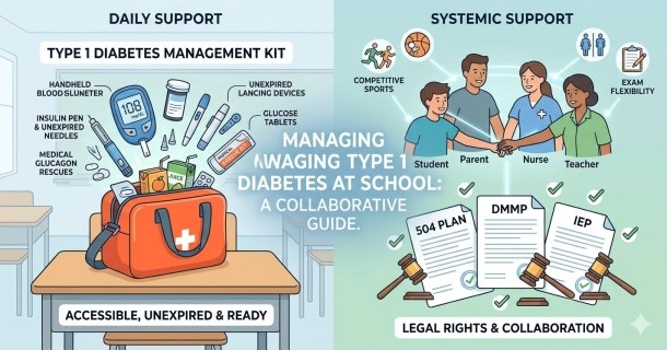 A comprehensive medical infographic outline detailing Type 1 diabetes school supply kit requirements alongside legal school accommodations and protected 504 rights.