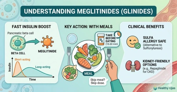A professional medical web infographic banner titled 'Understanding Meglitinides (Glinides)'. The graphic relies on a clean, light-blue medical theme. The left panel shows a plate and a clock highlighting the 'Take 15-30 minutes before meals' rule. The middle section features medical icons for Repaglinide and Nateglinide. The right panel outlines vital safety profiles, focusing on the 'Skip a meal, skip a dose' protocol and highlighting the medication's kidney-friendly nature.