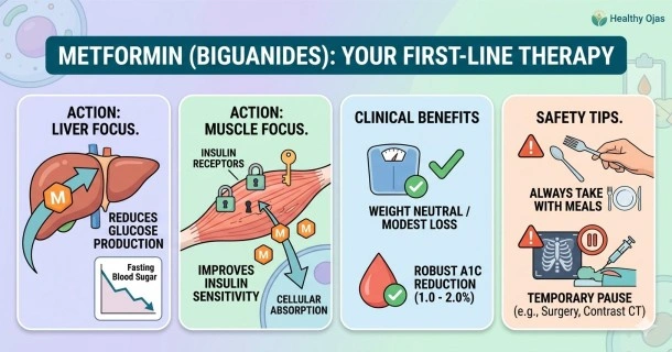 A clinical web infographic titled 'Metformin (Biguanides): First-Line Therapy'. The left panel demonstrates the cellular action of how Metformin reduces glucose production in the liver and improves peripheral insulin sensitivity. The middle column displays an extended-release (ER) and immediate-release (IR) tablet highlighting the importance of taking the medication with meals. The right panel representing key benefits, such as weight neutrality, robust A1C reduction, and a minimized risk of low blood sugar