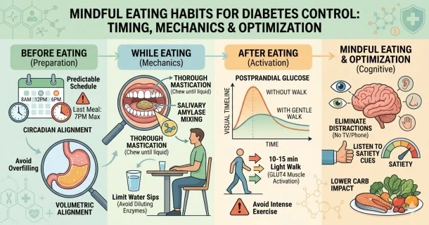 A healthcare infographic broken into four chronological phases—Before Eating, While Eating, After Eating, and Mindful Optimization—illustrating mealtimes hydration rules, thoroughly chewing to mix saliva enzymes, and a gentle post-meal walk curve.