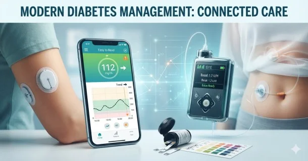 A selection of modern diabetes management tools on a table, including a smartphone displaying a blood glucose trend graph, an insulin pen, and a digital glucometer.