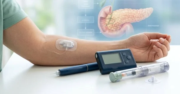 An illustrative showcase of modern insulin delivery systems, featuring a sleek digital insulin pen and a wearable insulin pump with micro-infusion tubing laid on a medical consultation table.
