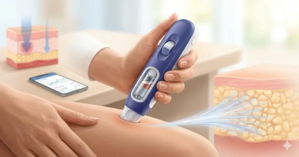 A close-up layout illustrating a modern needle-free insulin jet injector device resting on a clean surface alongside its loading chamber, demonstrating a true needleless delivery setup.