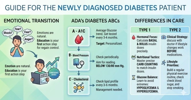 An educational healthcare infographic detailing the SMARTER care plan checklist for newly diagnosed diabetes patients, outlining actionable lifestyle steps for stress management, sleep, testing, and exercise.