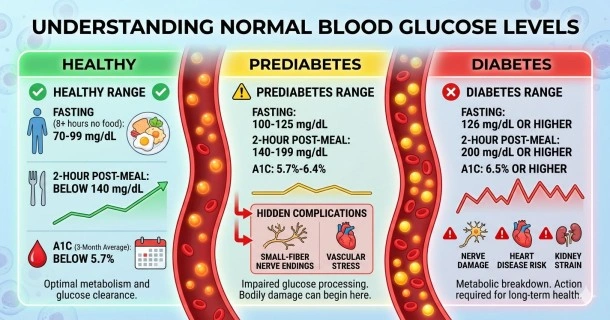 A clear medical infographic detailing normal blood glucose levels, illustrating healthy non-diabetic reference charts alongside diagnostic ranges for prediabetes and type 2 diabetes.
